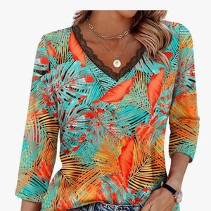 Tropical Print V-Neck Women's Top
